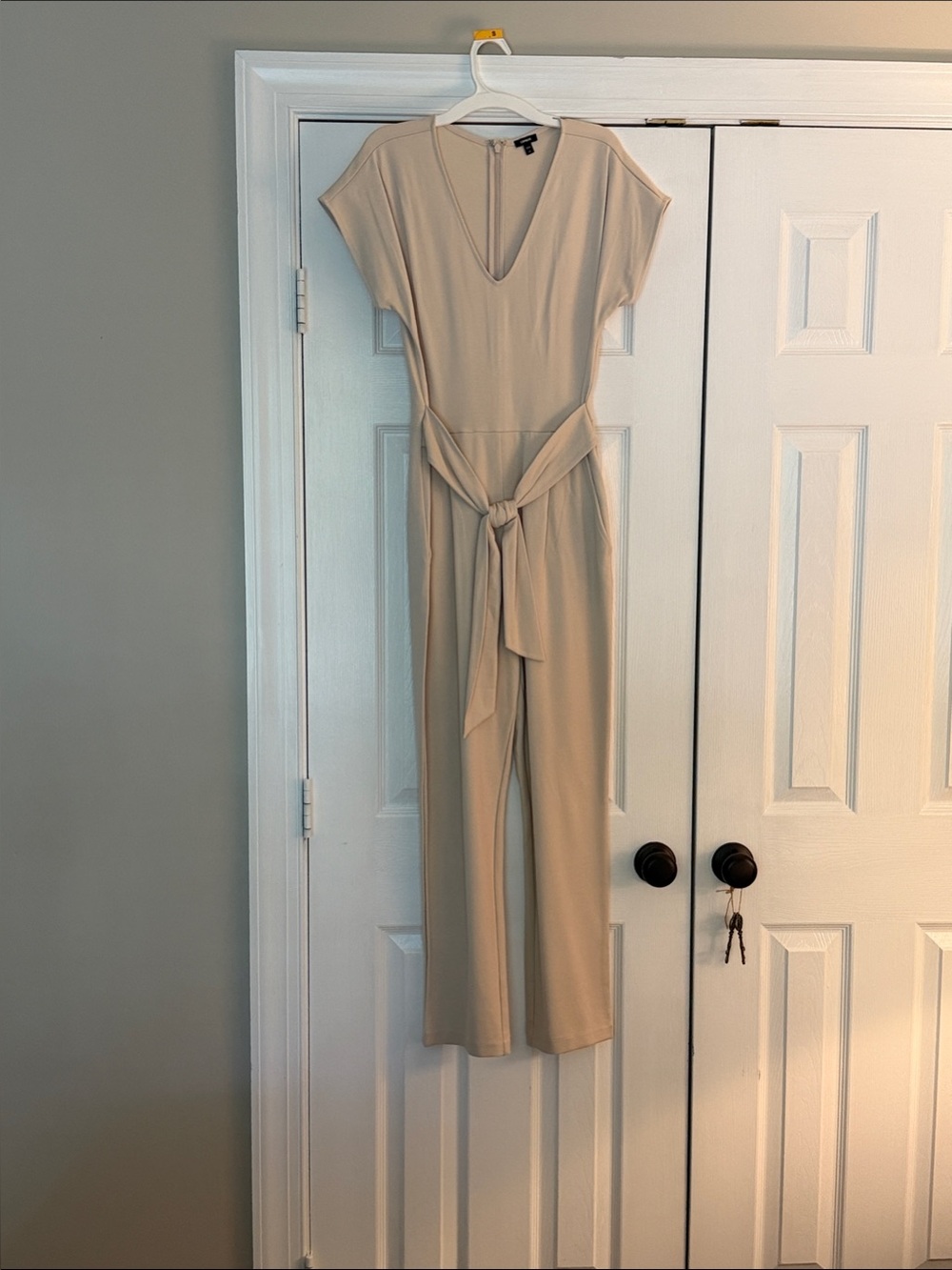 Express Beige V-Neck Tie-Front Jumpsuit